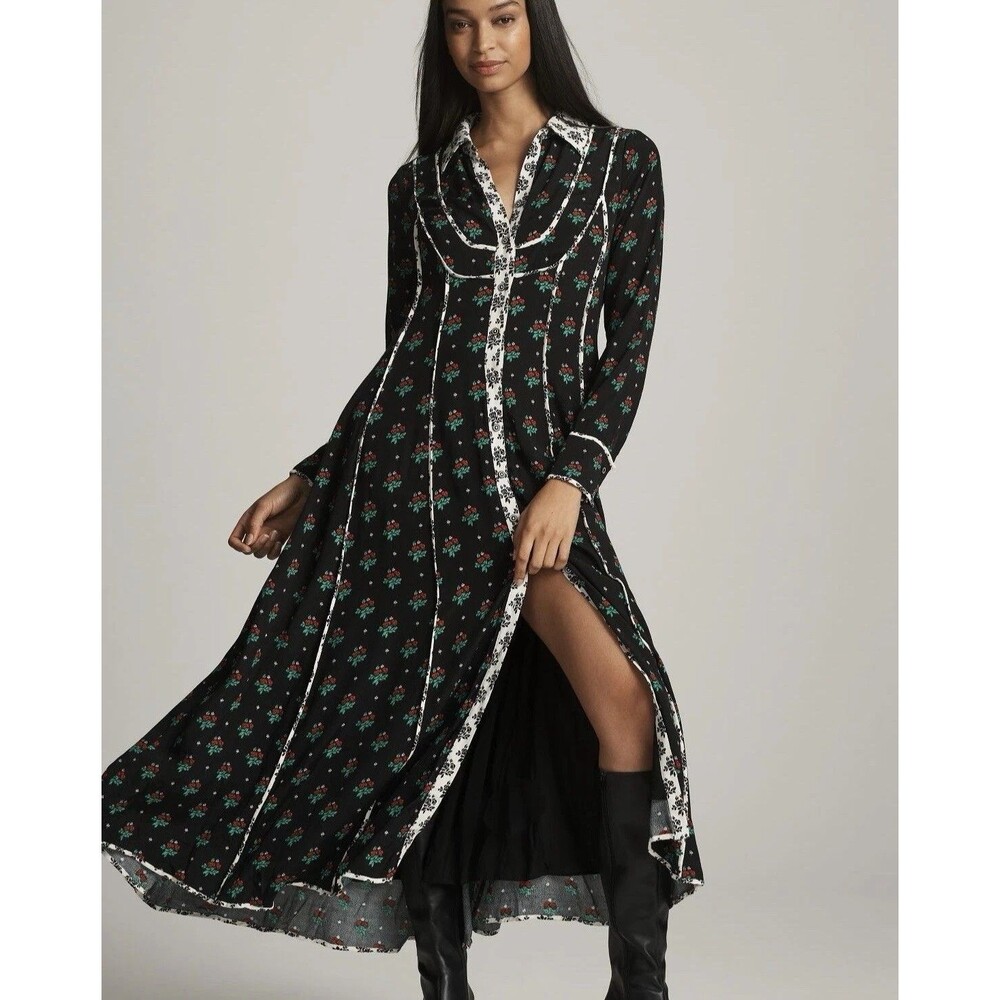 Anthropologie Long Sleeve Midi Shirt Dress In Garden Rose print  $288 Size M